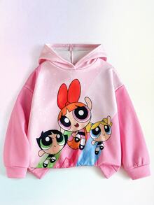 THE POWERPUFF GIRLS X SHEIN 1件少女休閒百搭粉色卡通圖案連帽寬鬆長袖衛衣，適合秋冬日常穿著、室內、運動、拍照、假期與生日 - 粉色 - 查看 7