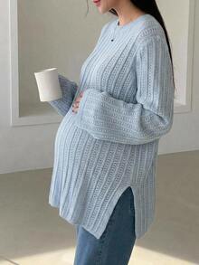 Dazy Maternity Solid Color Loose Textured Ribbed Long Sleeve Casual Daily Vacation Autumn/Winter Knit Sweater Maternity - Blue - View 4