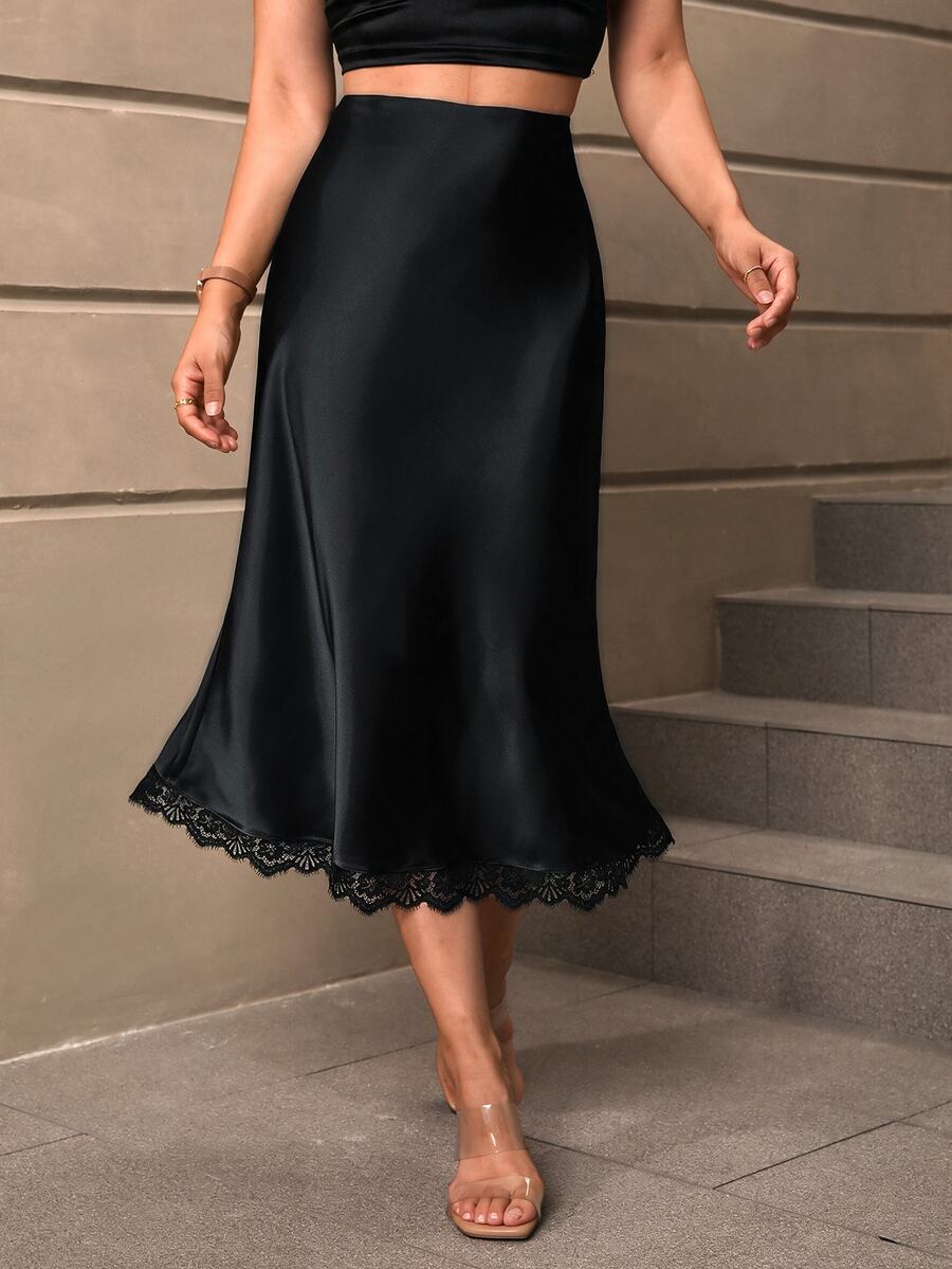 SHEIN LUNE Casual Women's Autumn/Winter Satin Lace Trim Skirt - Black - View 1