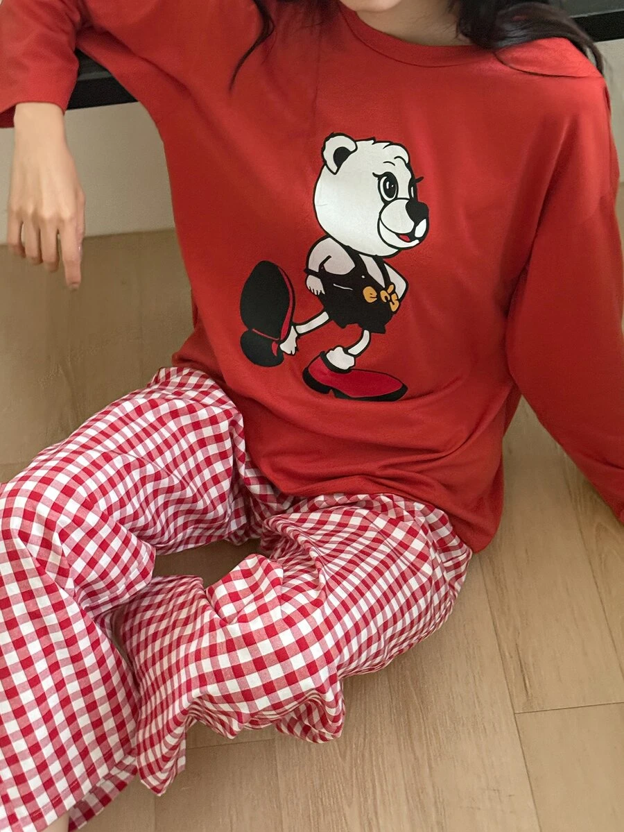 DAZY 2pcs/Set Women's Cartoon Bear Pattern Loose Long Sleeve T-Shirt & Plaid Straight Leg Long Pajama Pants Loungewear Set - Red - View 1