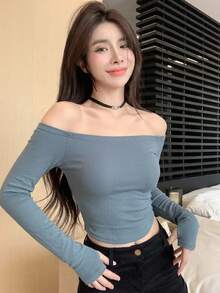 DAZY 女款方領修身T恤，性感風格 - 藍色 - 查看 2