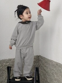 DAZY Infant/Toddler (Girl) Hooded Striped Long Sleeve Autumn/Winter Korean Style 2 Pieces Sweatshirt Set - Light Grey - View 1
