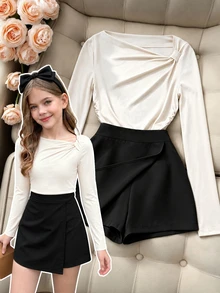 SHEIN Elladie kids 韓系軟妹大童兩件套：不對稱露肩長袖上衣 + 前開衩高腰短裙褲套裝，Regular Fab - 黑與白 - 查看 8