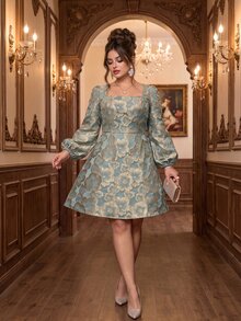 Roveilla Plus Size Women's Elegant Jacquard Square Neck Solid Color Bowknot Back Short Dress, Spring/Autumn - Green - View 6