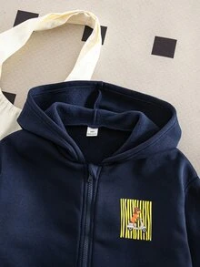 SHEIN 女童印花拉鍊連帽運動外套，休閒百搭春秋冬三季外衣 - 藍色 - 查看 4