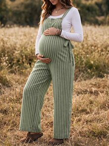 Boho Mama 孕婦時尚寬鬆連身褲，直條紋圖案 - 綠色 - 查看 3