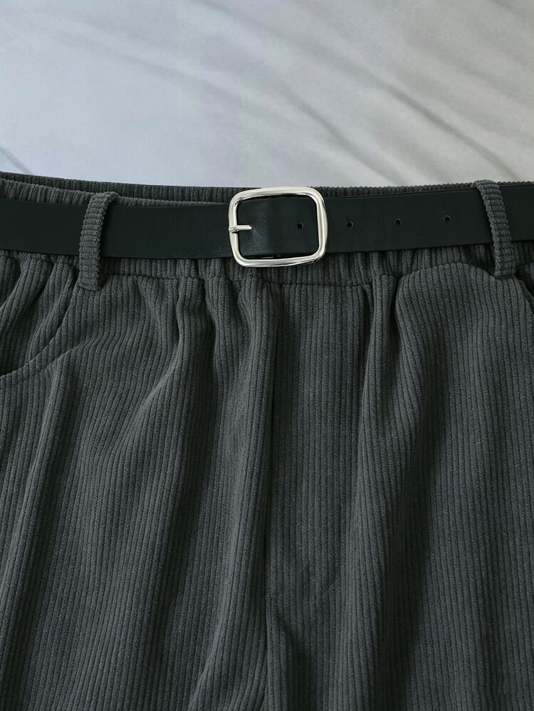 Franclia Plus Size Autumn/Winter Corduroy Pants With Pockets, Belt And Patchwork Design - Dark Grey - View 3