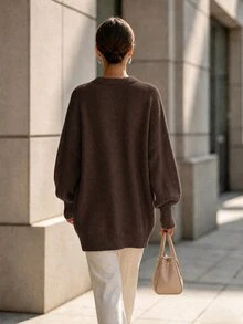 SHEIN 女款復古街頭風純色長袖毛衣，適合日常穿著 - 咖啡棕 - 查看 2