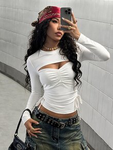 StreetHx Women's Solid Color Cutout Design Cropped Drawstring Sports T-Shirt - White - View 6