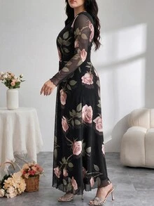 Modelyn 大尺碼女款花卉印花長袖優雅洋裝 - 彩色 - 查看 5