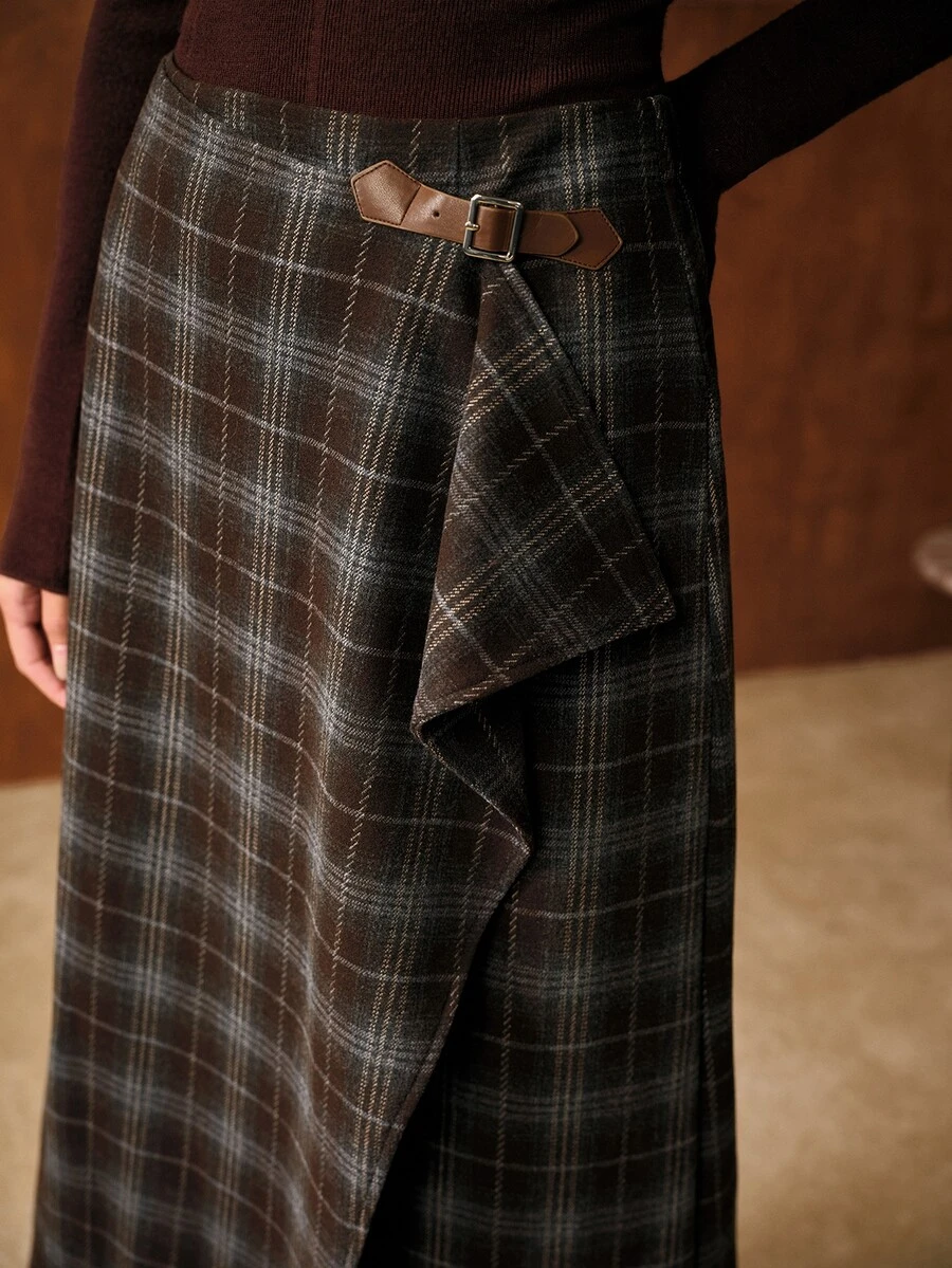 MOTF PREMIUM WOMEN'S COMMUTER ASYMMETRIC PLAID SKIRT - Coffee Brown - View 1