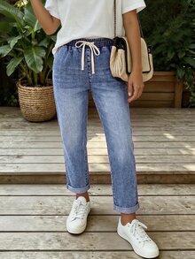 Balvessa Fall Casual Vintage Straight Leg Stretchy Drawstring Cuffed Blue Denim Daily Wear Jeans For Women - Light Wash - View 3