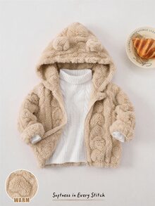 Cozy Pixies 女嬰 3D 耳朵珊瑚絨加厚愛心圖案連帽長袖冬季外套 - 杏色 - 查看 7
