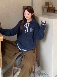 DAZY Women's Loose Front Tie Casual Sweater - Navy Blue - View 5