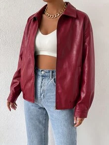 SHEIN EZwear 秋冬款落肩拉鍊PU短版皮夾克外套 - 玫瑰紅 - 查看 6