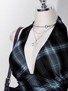 SHEIN ICON 大尺碼女款格紋休閒百搭日常穿搭掛脖上衣 - 藍色 - 查看 6