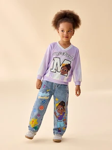 Blippi X SHEIN Young Girl V-Neck Long Sleeve Striped Cartoon Pattern Letter Print Sweatshirt - Purple - View 6