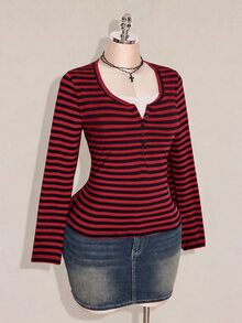 SHEIN ICON Women's Plus Size Autumn/Winter Contrast Lace Black & Gray Striped Fitted T-Shirt Fall - Multicolor - View 8