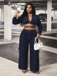 Slaydiva Plus Size Women's Pocket Button Stretch Denim Straight Leg Pants - Dark Wash - View 4
