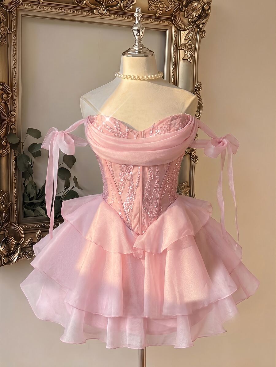 Lovelzi Elegant Luxurious Handmade 3D Applique Decorated Strapless Ruched Multi-Boning Fitted A-Line Short Formal Evening Gown For Women - Pink - View 1