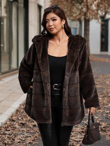 SHEIN Clasi Plus Size Women's Solid Color Fashion Versatile Winter Faux Fur Coat - Coffee Brown - View 4