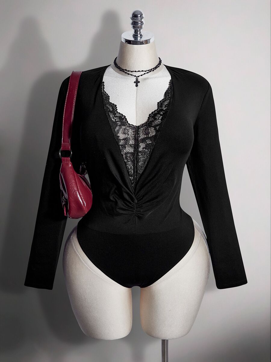 SHEIN ICON Women Plus Size Lace Patchwork Casual Daily Long Sleeve Bodysuit - Black - View 1