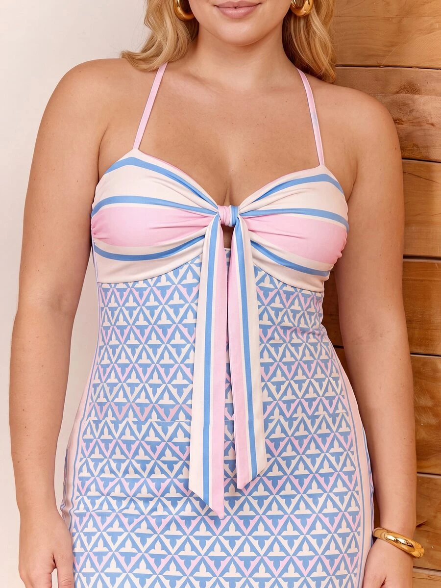 CAJUNI Plus Size Women All-Over Print Casual Daily Summer Spaghetti Strap Dress - Multicolor - View 1