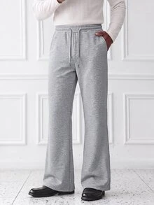 HUEFORM Men's Light Gray Linen-Like Flare Sweatpants, Elastic Waist With Drawstring, Draped Wide Leg Casual Pants, Minimalist Versatile Loose Floor-Length Trousers, Old Money Style Relaxed Fit - Light Grey - View 1