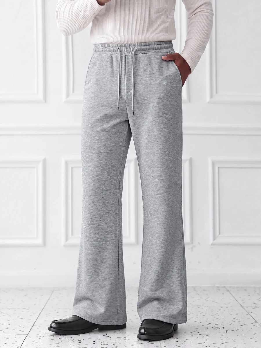 HUEFORM Men's Light Gray Linen-Like Flare Sweatpants, Elastic Waist With Drawstring, Draped Wide Leg Casual Pants, Minimalist Versatile Loose Floor-Length Trousers, Old Money Style Relaxed Fit - Light Grey - View 1