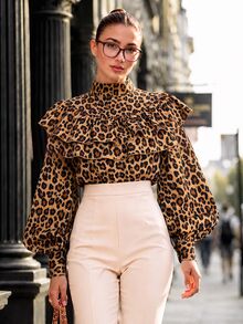 Balvessa Blus Kerah Ruffle Motif Leopard, Atasan Elegan untuk Beraktivitas dan Streetwear - MultiWarna - View 4