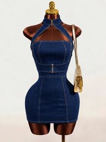 Mistrie Women's Hollow Out Casual Daily Wear Halter Neck Denim Dress - Blue - View 4