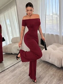SHEIN SXY 女款純色優雅性感露肩連身褲 街頭風 派對晚餐穿搭 酒紅色 夏季 - 酒紅色 - 查看 1