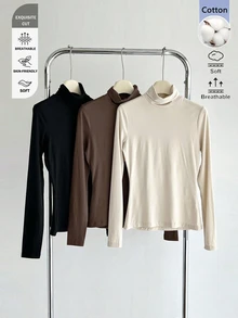SHEIN BASICS 3件組女款素色高領長袖休閒T恤 - 彩色 - 查看 9