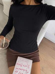 CovetEZ 休閒極簡黑色 95% 棉女款方領長袖 T 恤，秋冬百搭內搭層 - 黑色 - 查看 3