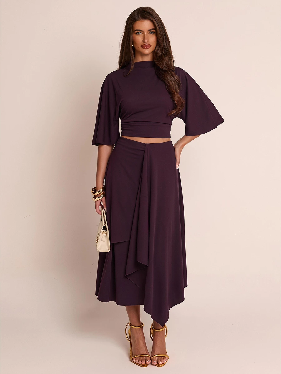 SHEIN BAE Fall Winter Deep Purple High Neck Loose Crop Top Layered Asymmetric Midi Skirt Two Piece Set Elegant Outfit - Brown - View 1