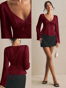 Poéselle Women's Solid Color Bowknot Decor Flare Sleeve Top - Burgundy - View 2
