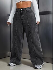 SHEIN Tall CURVE 大尺碼女款鈕扣高腰寬鬆休閒牛仔褲，適合秋冬穿著 - 黑色 - 查看 5