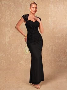 Lumalex New Lace Patchwork Light Yellow Mermaid Hem Waist-Flattering Ruched Long Dress - Black - View 7