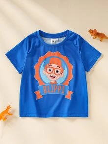 Blippi X SHEIN تي شيرت مطبوع بياقة دائرية وأكمام قصيرة للأولاد الصغار - الأزرق - مشاهدة 1
