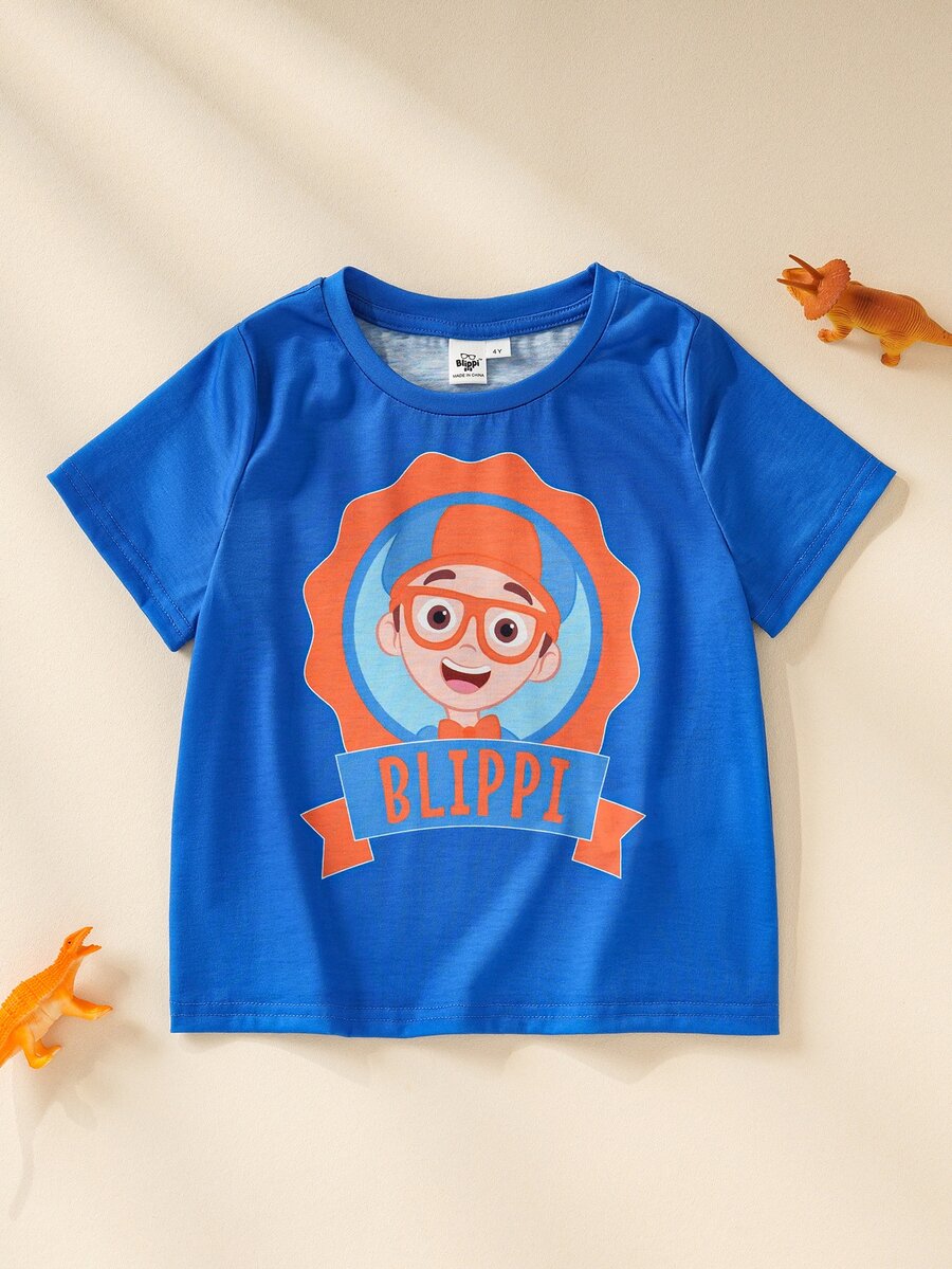 Blippi X SHEIN تي شيرت مطبوع بياقة دائرية وأكمام قصيرة للأولاد الصغار - الأزرق - مشاهدة 1