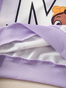 Blippi X SHEIN Young Girl V-Neck Long Sleeve Striped Cartoon Pattern Letter Print Sweatshirt - Purple - View 8