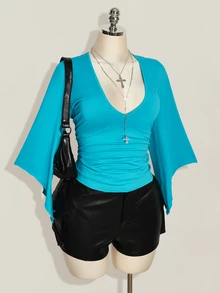 SHEIN ICON Plus Size Women Solid Color Pleated Slim Fit Versatile Daily Wear Top - Teal Blue - View 4