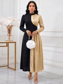 SHEIN Lady Gaun Elegan Wanita dengan Kerah Tegak dan Lengan Panjang Mengembang, Motif Blok Warna - Hitam - View 5
