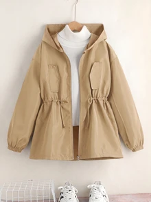 SHEIN 少女款寬鬆休閒連帽極簡純色收腰長袖百搭風衣 - 杏色 - 查看 3