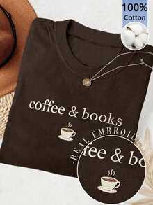 INAWLY Fashion Casual Crew Neck Embroidered With Coffee & Books, Real Embroidery Women's T-Shirt - Brown - View 1