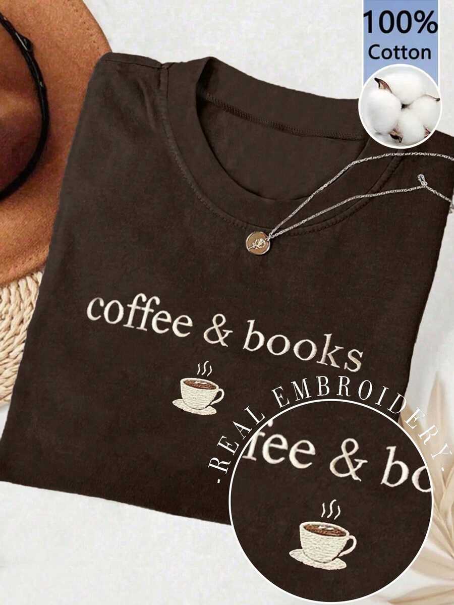 INAWLY Fashion Casual Crew Neck Embroidered With Coffee & Books, Real Embroidery Women's T-Shirt - Brown - View 1