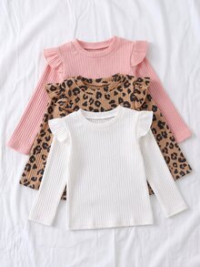 Genkimix Kids 3件組女童幼兒秋冬時尚豹紋＋經典純色黑與粉色短袖及長袖T恤，百搭圓領內搭組合包 - 彩色 - 查看 6