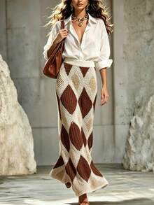 LUMIGAL Women's Geometric Pattern Fashionable Elegant Sweater Skirt - Multicolor - View 3