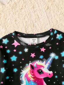 SHEIN Tween女孩秋冬針織螢光可愛卡通獨角獸與星星圖案圓領T恤+長褲修身居家服4件套，保暖內裡磨毛厚實面料，適合秋冬，黑色 - 黑色 - 查看 5