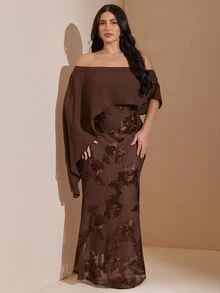 SHEIN CURVE+ 大尺碼女款露肩花卉刺繡網紗拼接洋裝，棕色秋冬優雅1920年代風，適合婚禮正式場合，5XL-8XL - 棕色 - 查看 4